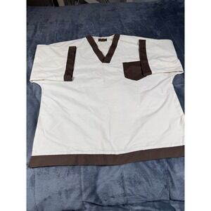 Vintage Challenger Mens V-Neck Pullover‎ Shirt White Brown Contrast Trim Size S